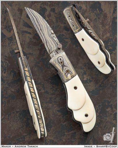 $1750/includes ship cont us . Damascus, 24k gold inlay, carved ivory. Textured and file worked back bar.